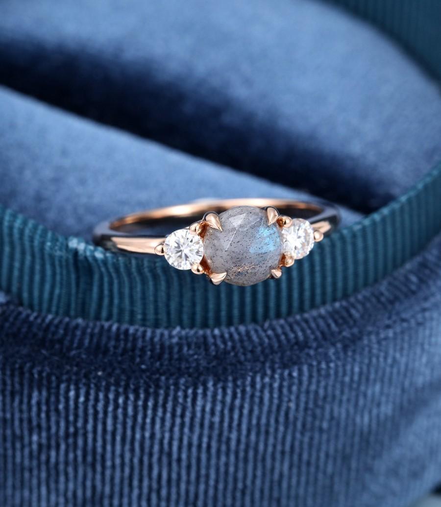 Hochzeit - Rose gold engagement ring vintage Unique Labradorite Engagement ring for women three stone diamond wedding Bridal Promise anniversary gift