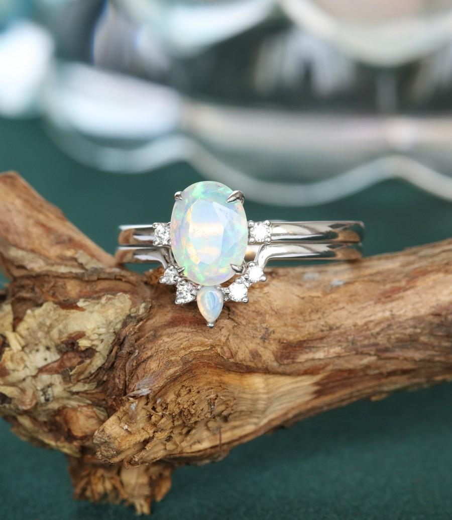 Wedding - Opal engagement ring set white gold oval cut Unique engagement ring Vintage Jewelry diamond wedding ring women Bridal Anniversary gift