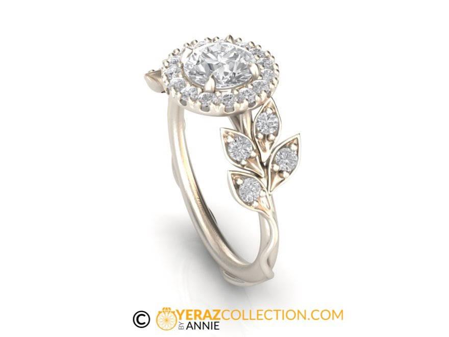 زفاف - Halo Engagement ring, White Gold 14k, White Sapphire Engagement ring, Nature inspired Diamond Leaf ring, Leaf Gold ring, Bridal ring