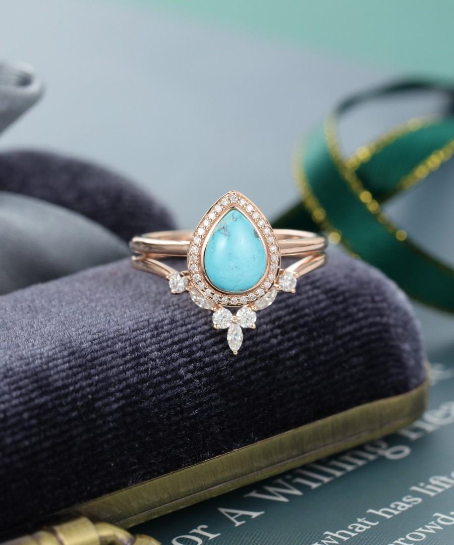 زفاف - 2PCS Pear shaped Turquoise ring Halo Diamond engagement ring set rose gold vintage ring Moissanite wedding Bridal Anniversary gift for women