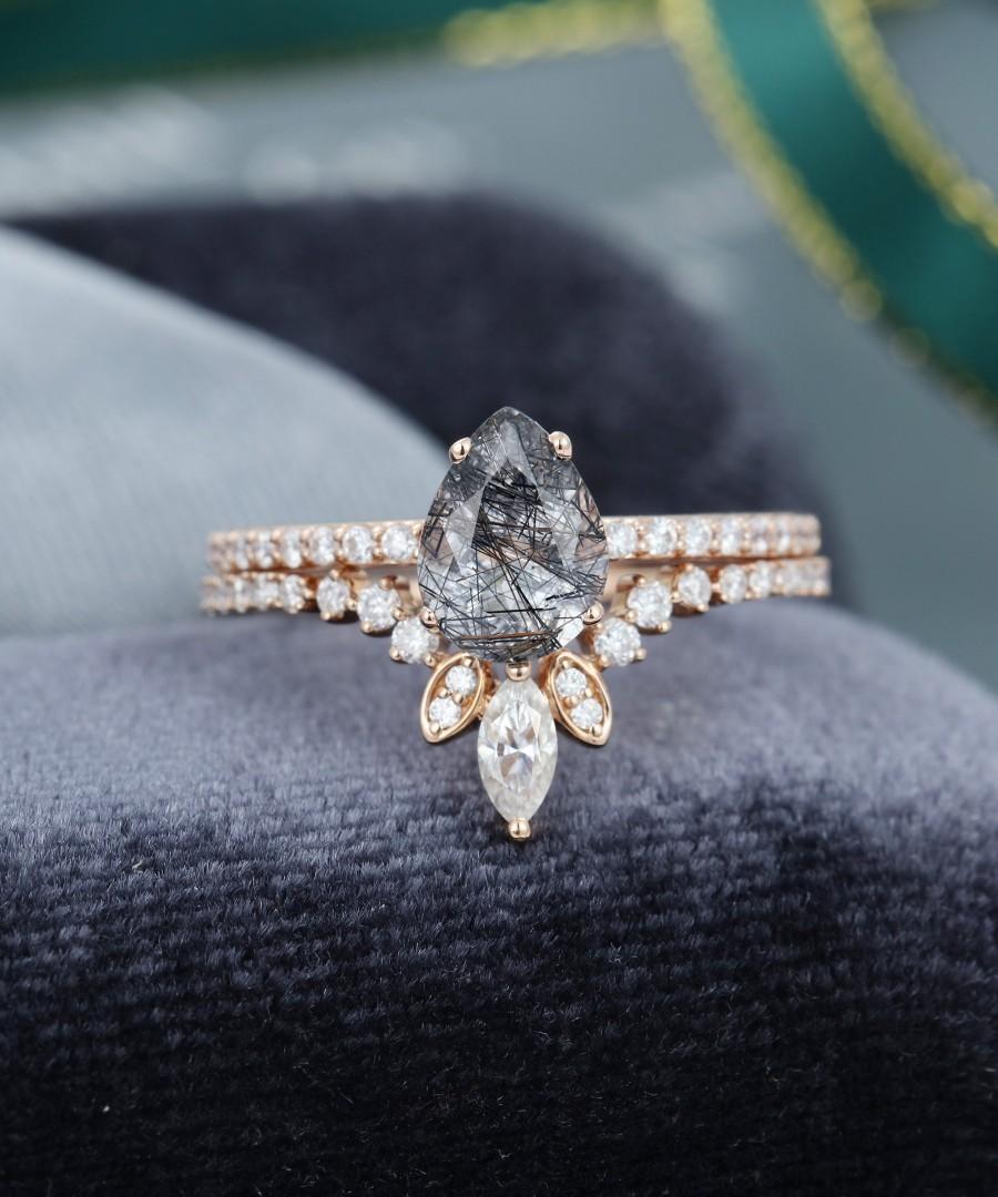 Hochzeit - Pear shaped Black Quartz Rutilated engagement ring vintage Unique engagement ring set rose gold Marquise Moissanite Bridal gift for women