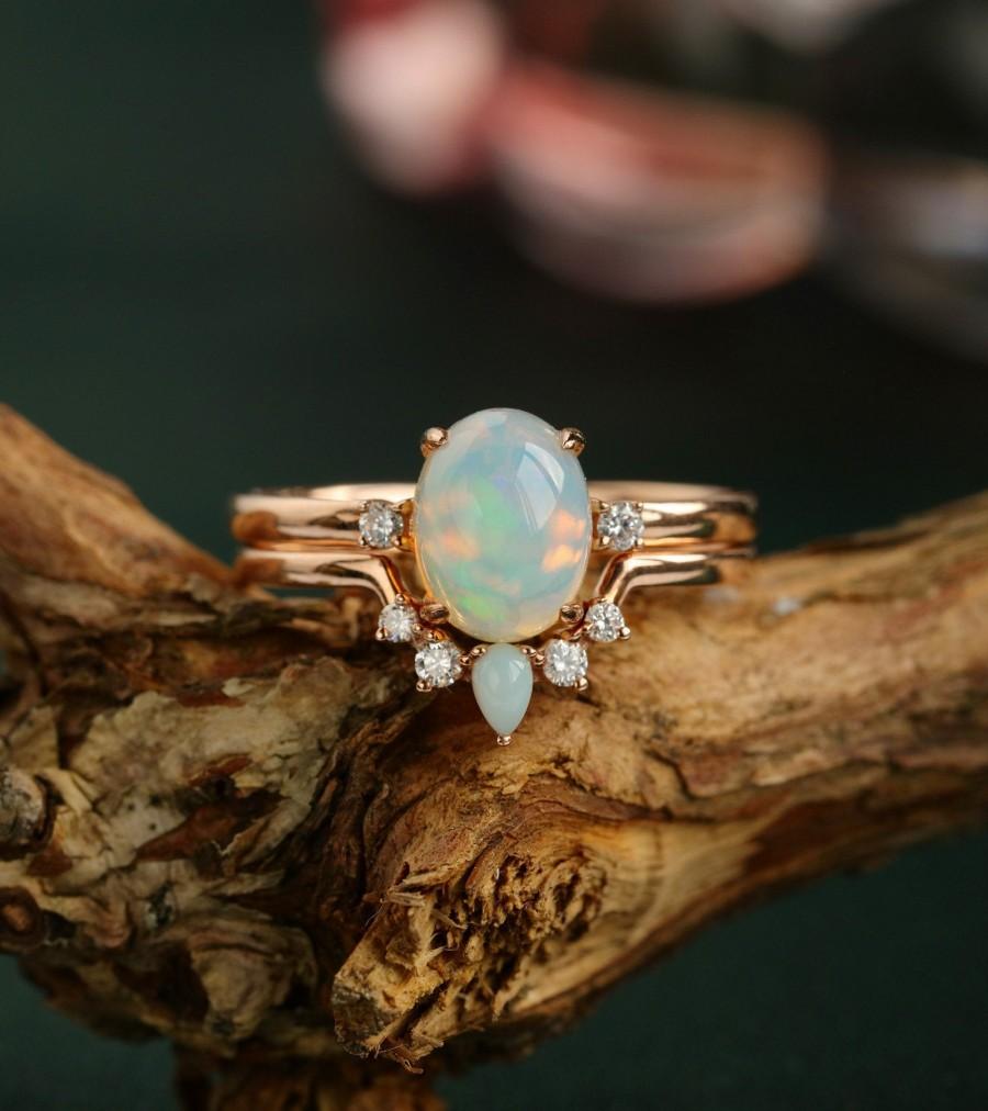 Hochzeit - Vintage Opal engagement ring set rose gold engagement ring for women oval cut Unique Curved diamond wedding ring Bridal Anniversary gift