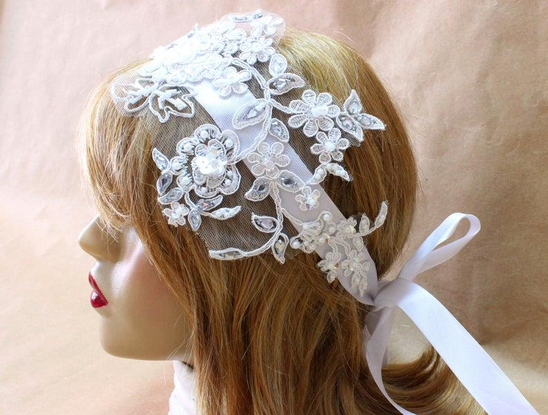 زفاف - White Lace Wedding Headband, headpiece tiara crown Bride Wedding Gown Lace, Fascinator, Wedding Belt, Rhinestone Embroidered Lace Hairband