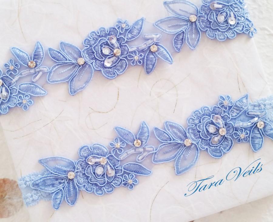 Hochzeit - Wedding garter set,Blue Garter,Rhinestone Blue garter, light Blue garter,Bridal garters,bridal garter,Floral lace garter