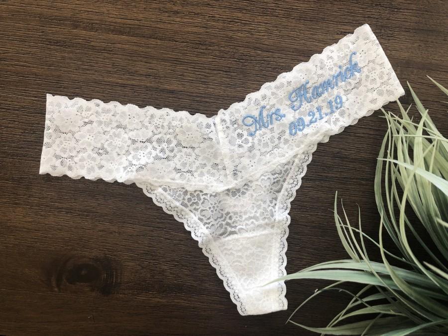 Hochzeit - Bridal Thong Panties underwear Personalized and Embroidered with Mrs Name, white lace panties Bride lingerie, custom, sizes XS-XL
