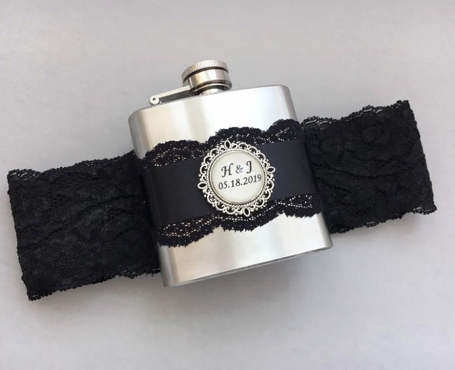 Hochzeit - Personalized FLASK GARTER, Black Lace Garter with Flask, Bridal Garter, Wedding Garter / Bridesmaid Gift / Holiday Gift / Bachelorette Gift