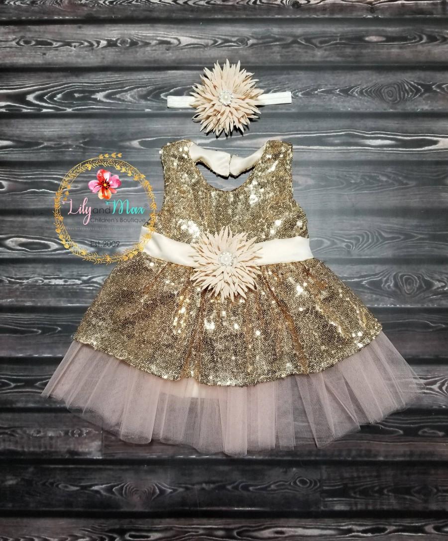 Mariage - Gold sequin girls dress, gold sequin birthday dress, champagne headband, baby girl dress, sequin toddler dress, flower girl dress