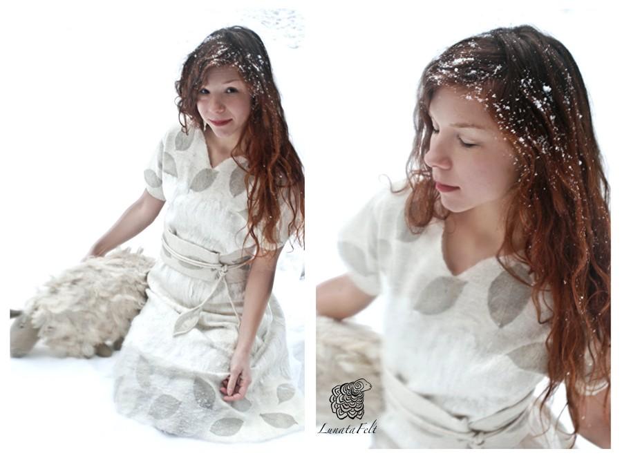 Wedding - Eco style and boho chic fashion felted white dress from natural silk and A-Grade wool (with natural leafs) OOAK