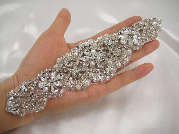 Hochzeit - Iron On Clear Rhinestone applique Crystal Pearl Appliques Embellishment for Bridal Headband Wedding Garter Bride Sash belt
