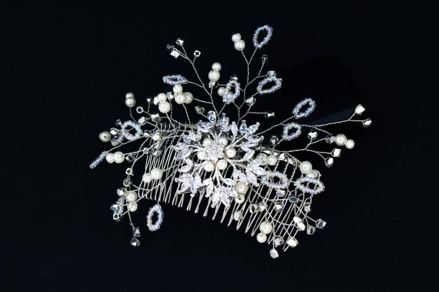 Свадьба - Wedding Silver Hair Comb, Bridal Hair Comb, Vintage Crystal Silver Bead Rhinestone Pearl Flower Hair Piece, Pearl Crystal Hair Accessories