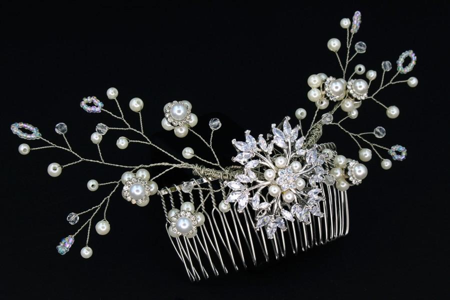 زفاف - Beige Pearl Crystal Flower Rhinestone Silver Bridal Headpiece, Bridesmaid Vintage Rhinestone Hair Comb, Bridal Wedding Hair Comb Accessories