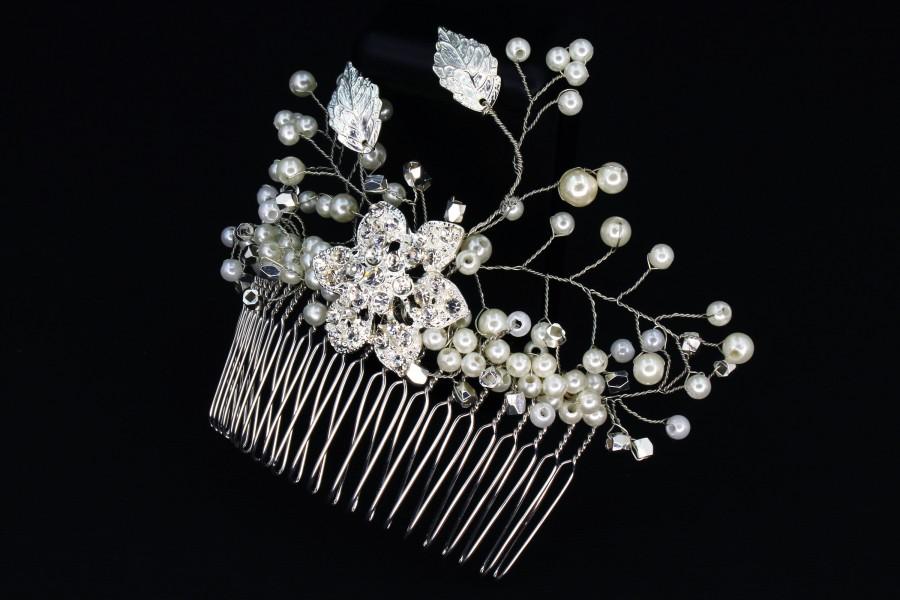 Свадьба - Crystal Silver Flower Pearl Shine Beads Leaf Bridal Wedding Hair Comb, Crystal Flower Leaf Beads Bridal Headpiece Hair Jewelry Accessories