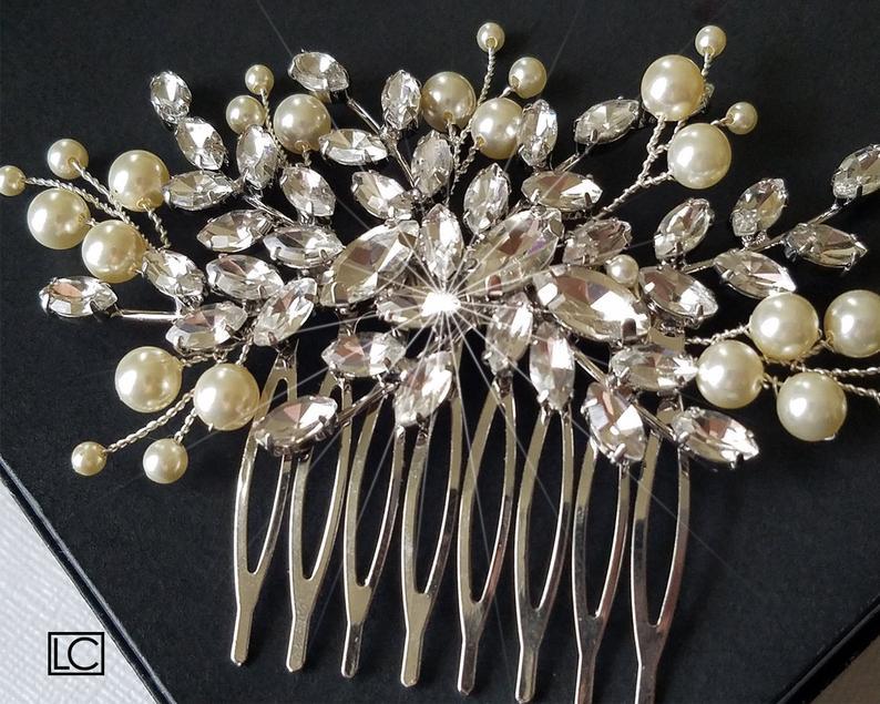 Mariage - Crystal Pearl Bridal Hair Comb, Swarovski Ivory Pearl Crystal Hair Piece, Bridal Hair Jewelry, Bridal Floral Headpiece, Wedding Hairpiece