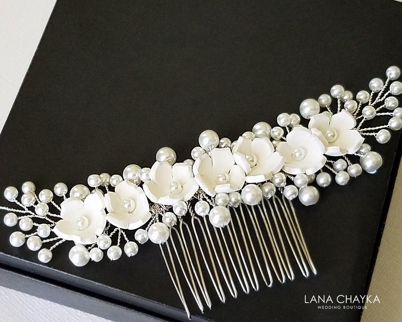 زفاف - White Pearl Bridal Hair Comb, Wedding Floral Hair Piece, Bridal Headpiece, Pearl Hair Piece White Pearl Hair Jewelry Bridal Flower Hair Comb