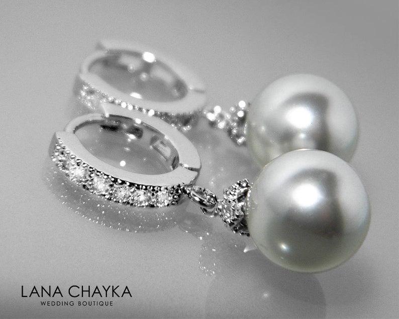 Wedding - Light Gray Pearl Hoop Earrings Swarovski 10mm Grey Pearl Silver Earrings Wedding Drop Pearl CZ Earrings Bridal Bridesmaid Pearl Jewelry