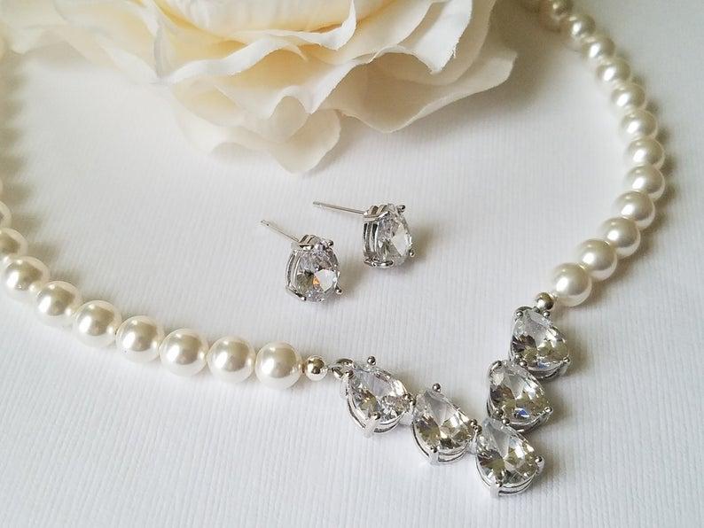 زفاف - White Pearl Bridal Jewelry Set, Swarovski Pearl Silver Earrings&Necklace Set, Wedding Pearl Jewelry, White Pearl Jewelry, Bridal Party Gift