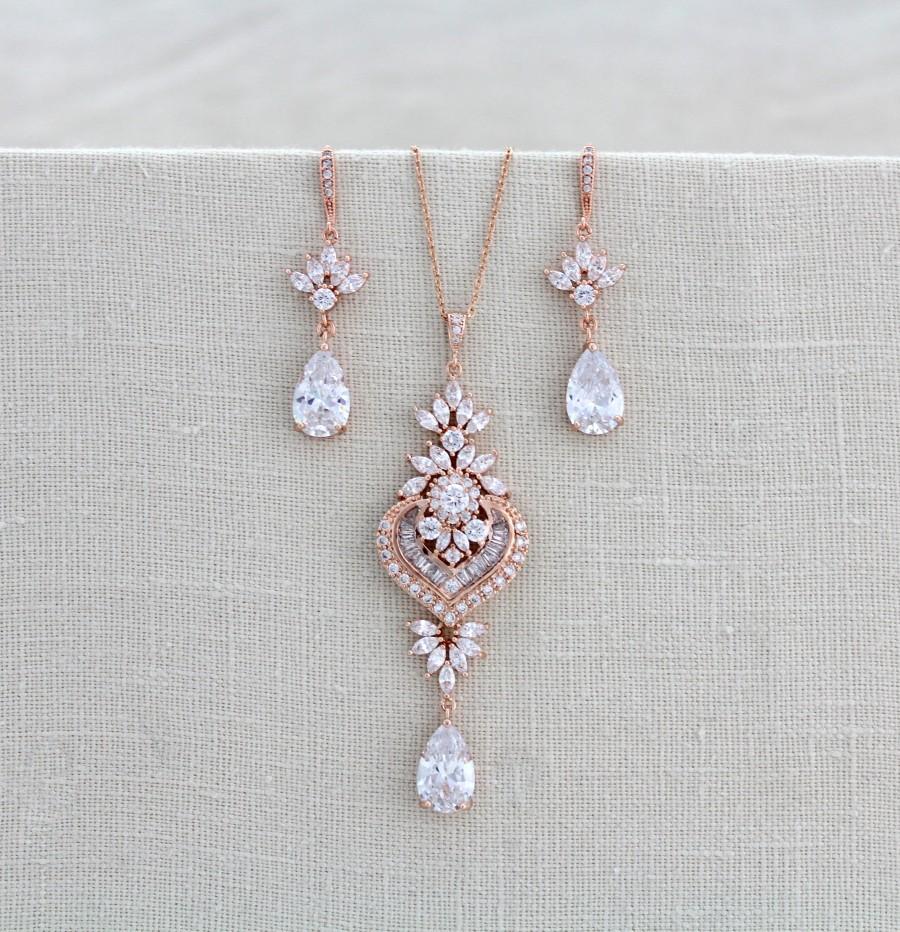 Hochzeit - Rose gold Bridal jewelry Bridal necklace and earring set Wedding jewelry Rose gold Necklace set Bridesmaid jewelry Pendant necklace EMMA