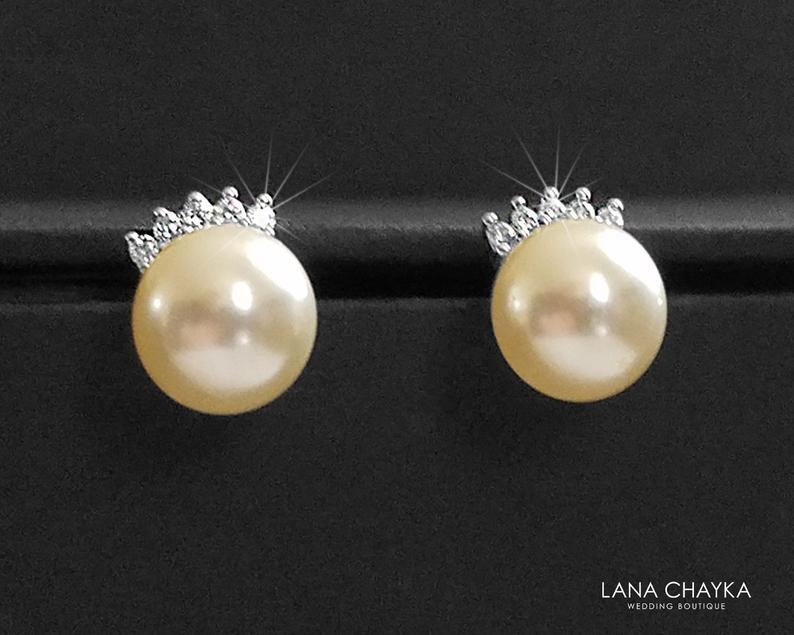 Mariage - Ivory Pearl Stud Earrings Pearl CZ Small Bridal Earrings Swarovski Pearl Sterling Silver Posts Earrings Wedding Jewelry Bridal Pearl Jewelry