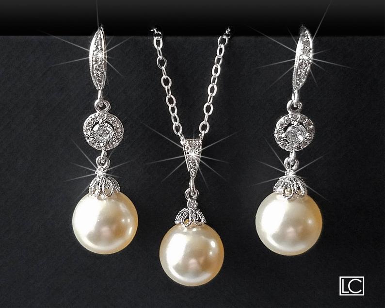 Wedding - Pearl Bridal Jewelry Set, Swarovski 10mm Ivory Pearl Set, Wedding Earrings&Necklace Set, Bridal Ivory Pearl Jewelry, Wedding Pearl Jewelry