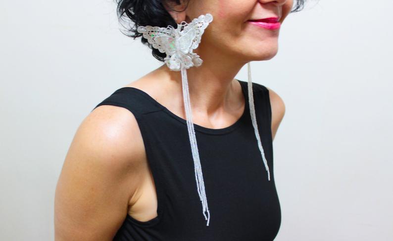Wedding - Lace Butterfly Earrings Oversize Fashion Earrings Long Dangle 3D Earrings Tassel Earrings Beaded Earrings Statement Earrings Gift For Women