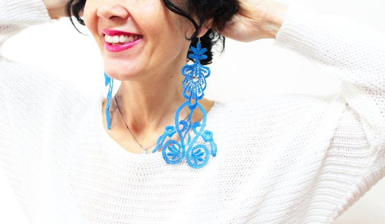 زفاف - Unique Gifts Handmade Blue Mismatched Earrings Statement Earrings Mom Women Gift Boho Earrings Long Earrings Floral Earring Fashion Earrings