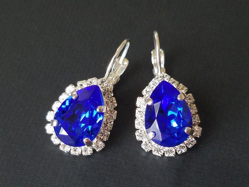 Mariage - Blue Crystal Halo Earrings, Cobalt Blue Leverbacks, Swarovski Majestic Blue Earrings, Sapphire Earrings, Wedding Jewelry, Bridal Party Gift