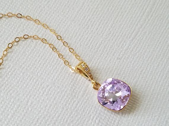 Mariage - Violet Gold Crystal Necklace, Dainty Lilac Necklace, Swarovski Violet Square Pendant, Wedding Purple Jewelry, Bridal Jewelry, Prom Necklace