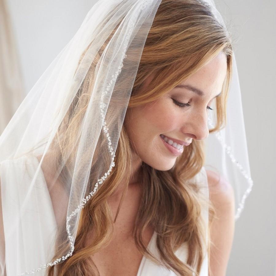 زفاف - Wedding Veil, 1 Layer, Crystal Wedding Veil, Sequin Wedding Veil, Bridal Veil in Ivory and White, Fingertip Length, Elbow Length  ~VB-5006