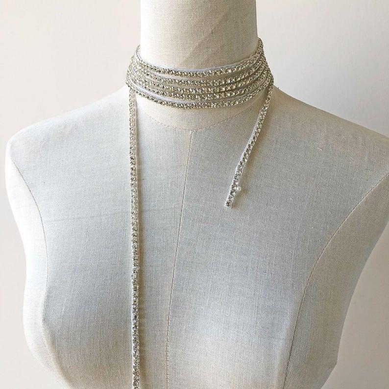 Mariage - Bling Slim Crystal Trims Rhinestone Wedding Dress Straps Appliques Bridal Cover Up Motif Diamante Garters Belt Length Customized