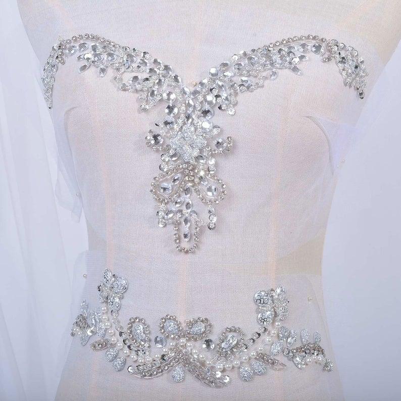 Hochzeit - Bling Beaded applique V-Neck Rhinestone Sequin Trim Bridal Applique Design Patch Sew On Wedding Dress Neckline Belt Decor