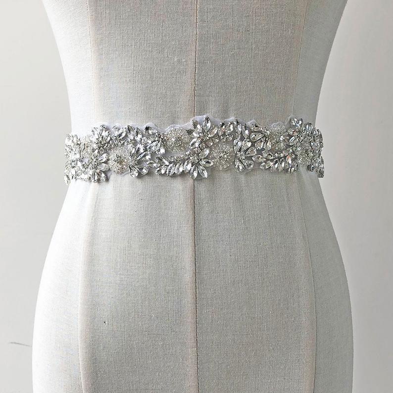 Wedding - Clear Rhinestone Belt Applique Crystal Beads Trims Iron on Appliques Wedding dress Satin Belt DIY Sparkling Bridal Accessories