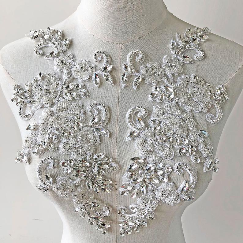 زفاف - Bridal Dress Applique Rhinestone Beaded Embroidery Crystal Flower Lace Patch Sparkle Addition for Wedding Dresses Bridal Cover Up