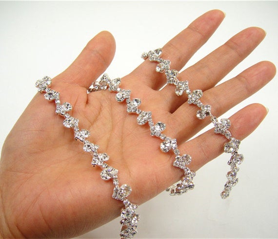 Свадьба - Rhinestone Applique Trim Slim Clear Crystal Sash Trimming for DIY Wedding Dresses Shoulder Straps,Bridal Belts Length Customized
