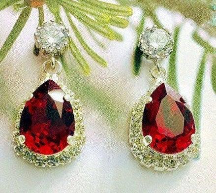Wedding - Swarovski Jewelry Set,Red Christmas Clip-On Earrings,Wedding Jewelry Set,Holiday Jewelry,Sterling,Rose Gold or Gold,Siam Teardrop,Necklace