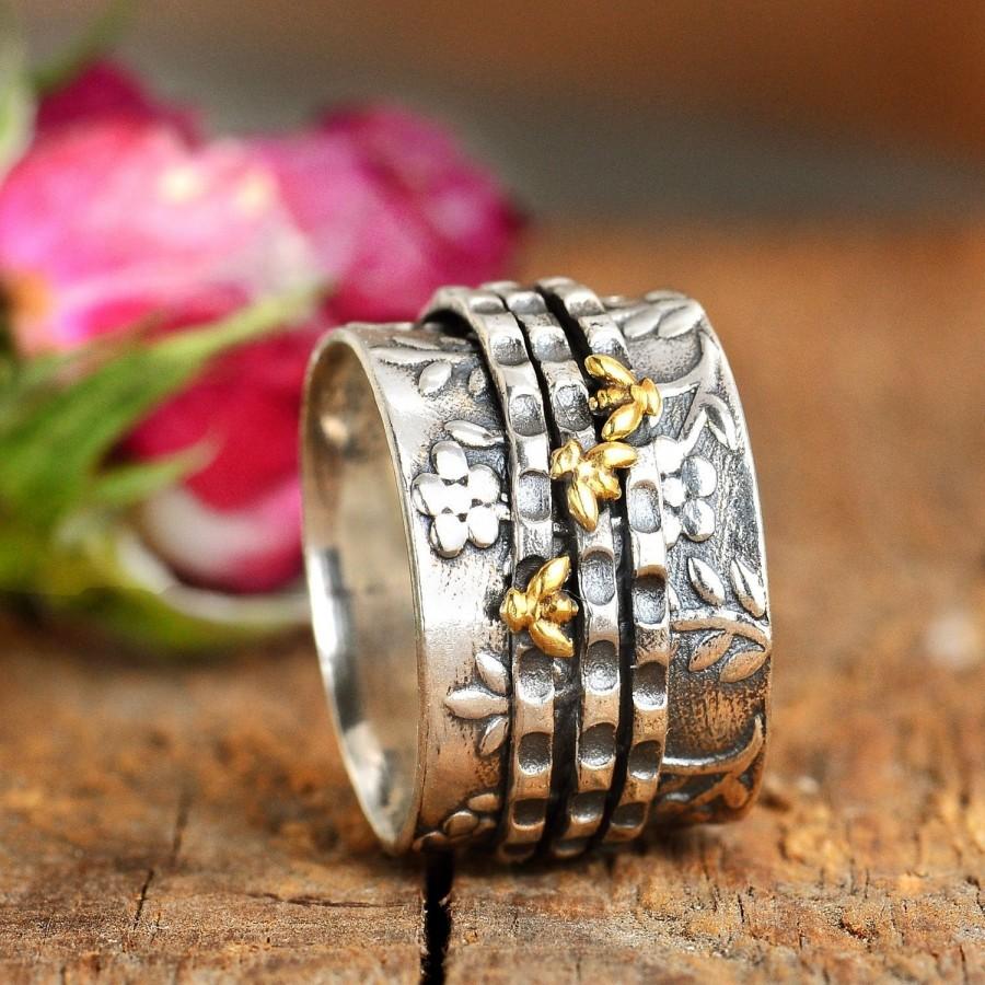 زفاف - Bee Ring, Spinner Ring, Sterling Silver Ring for Women, Floral Flower Ring, Meditation Spinning Wide Band, Anxiety Worry Fidget Ring
