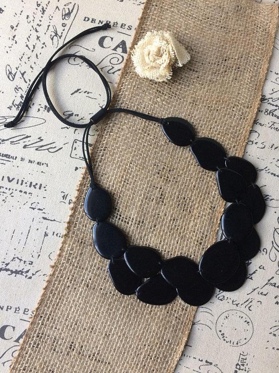 Mariage - Black statement Necklace Tagua nut jewelry Big bold chunky necklaces Double layer bib Artisan handmade in Ecuador Two strands collar Organic
