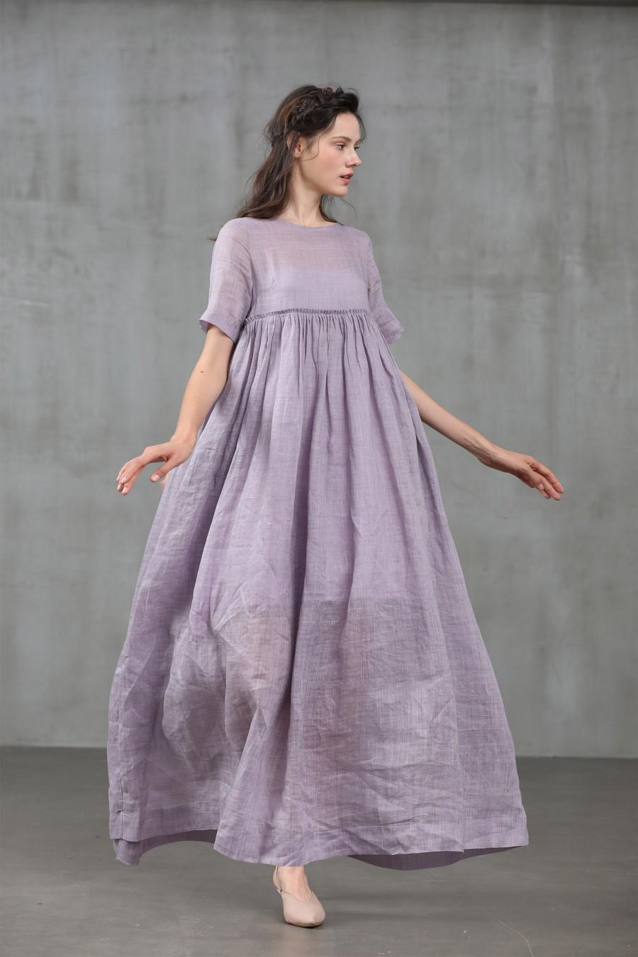 Wedding - empired linen dress, soft lilac dress, maxi dress, linen maxi dress with pockets, plus size dress, linen kaftan, boho dress Linennaive