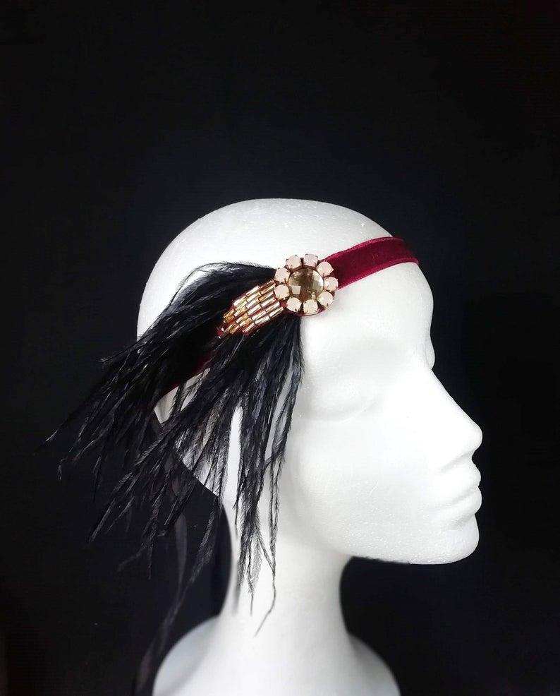 Wedding - Burgundy, black and gold gatsby headpiece, Art deco headband, Flapper hair piece. GG-006
