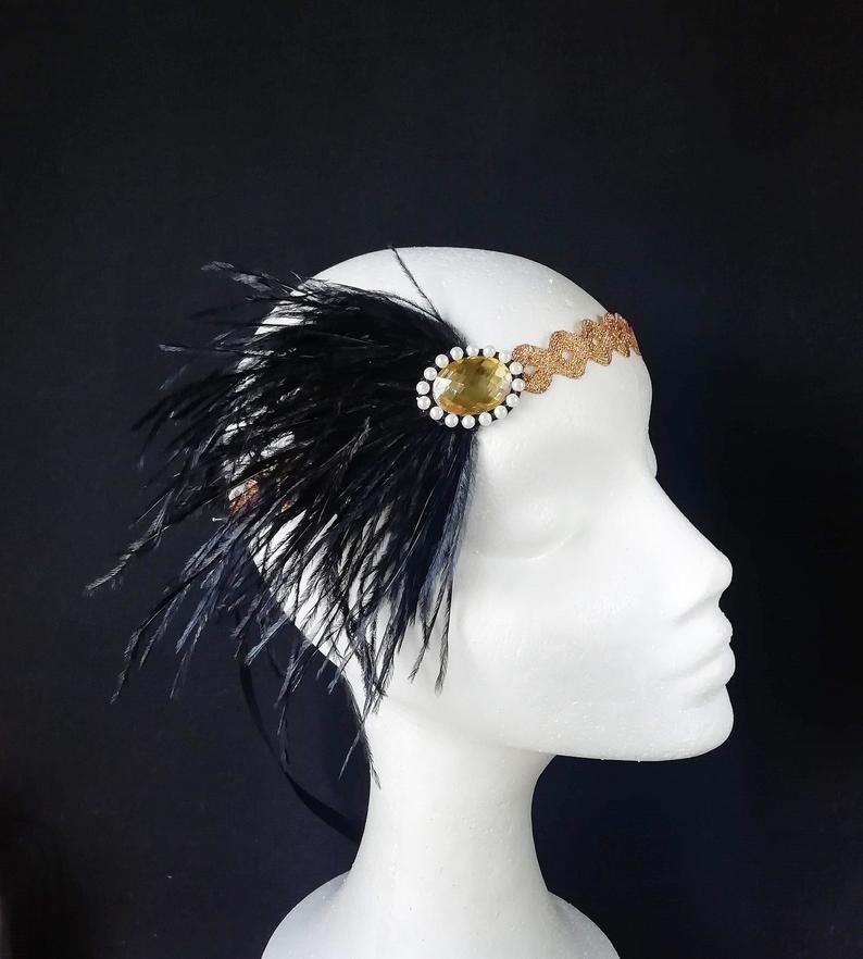 زفاف - Gold and black gatsby headpiece, Art deco headband, Flapper hair piece. GG-005