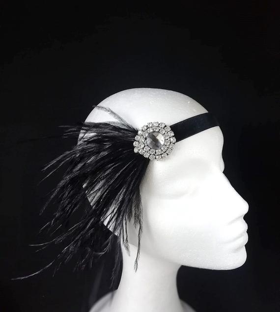 زفاف - Black gatsby headpiece, Art deco feather headband, Flapper hair piece. GG-002
