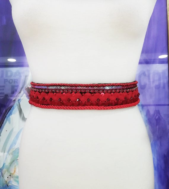 زفاف - Red embroidery sash belt, Bohemian wedding, Wedding belt, Embroidery sash belt, Jewelry belt, FB-003