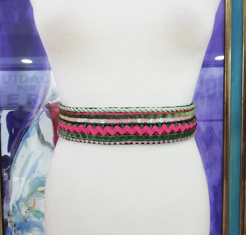 زفاف - Green and pink sash belt, Bridal sash, Wedding belt, Embroidery sash belt, Jewerly belt, FB-001