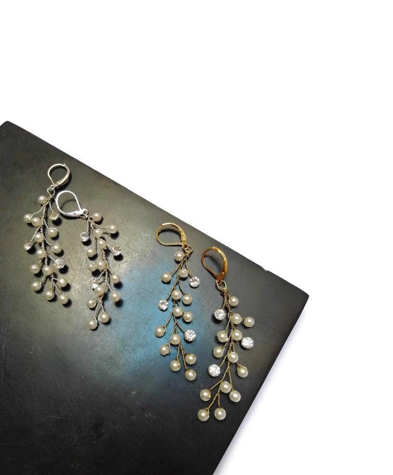 زفاف - Bridal vine earrings, Pearl bridal earrings, Cristal vine earrings, Bridesmaid gifts, PV-001