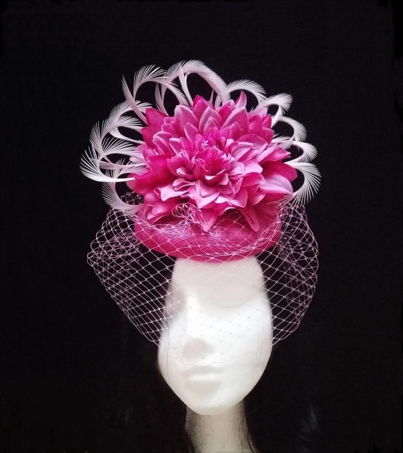 Свадьба - Pink flower ascot hat. Flower pillbox hat.