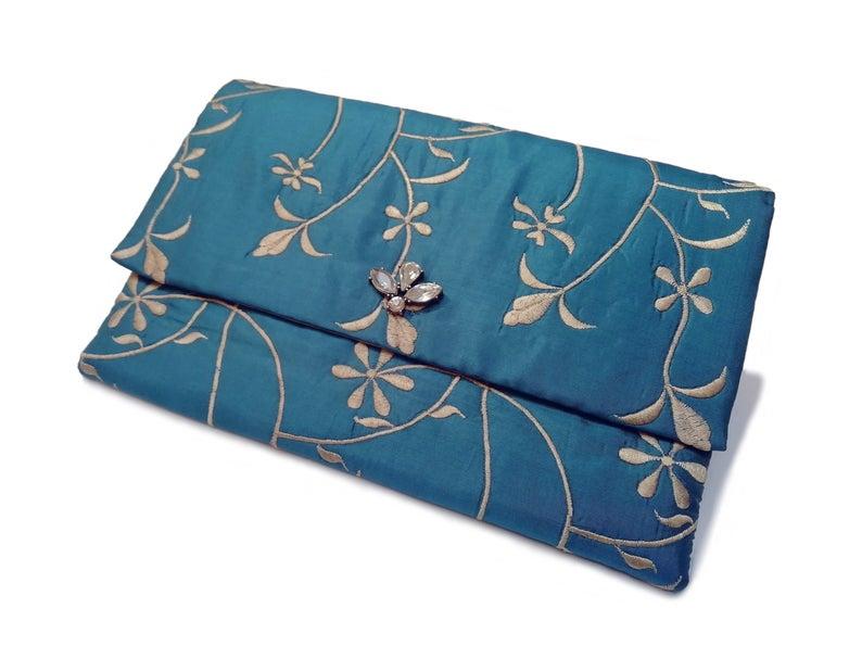 Mariage - Blue silk clutch bag, Envelope handbag, Statement evening wedding bag, Embroidety purse, BT-001