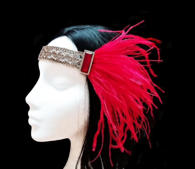 Wedding - Red and gold flapper headpiece. Gatsby wedding.