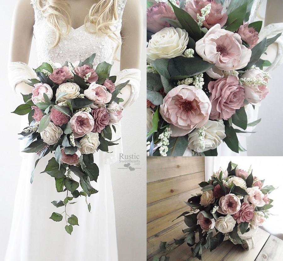 Hochzeit - Two Tone Dusty Rose Sola Flower Bridal Cascade Bouquet ~ Colors: Light and Dark Dusty Rose & Natural Ivory ~ Sola Wood Bouquet