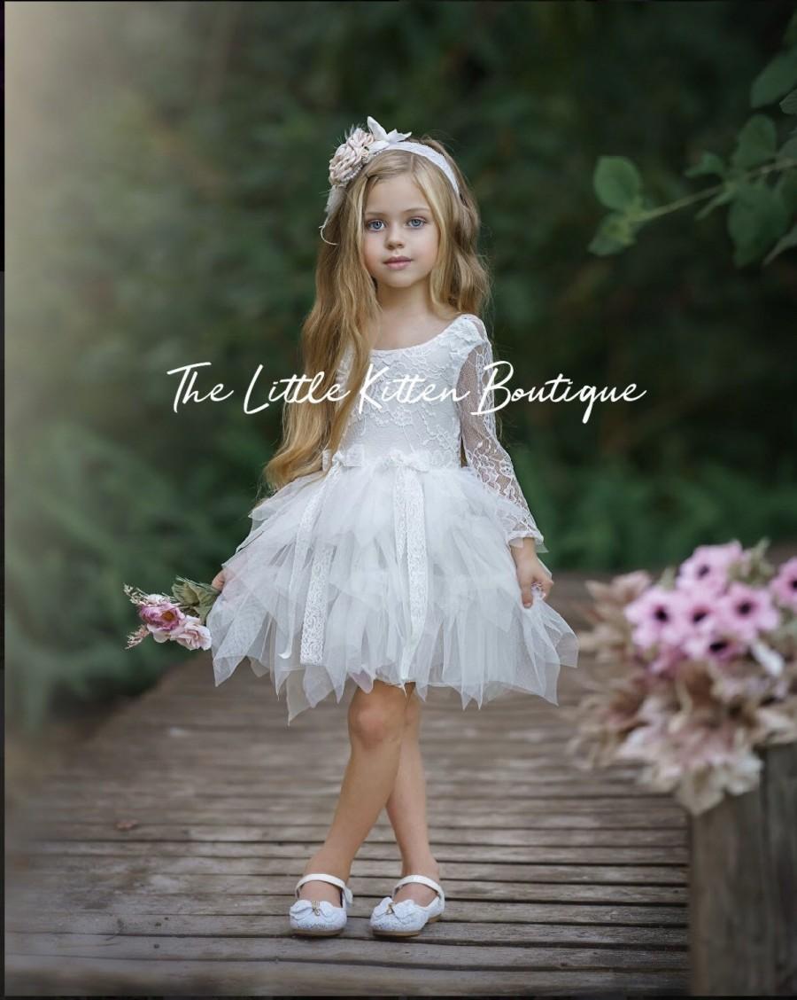Tulle Flower Girl Dress, Rustic Lace Flower Girl Dresses, Long Sleeve