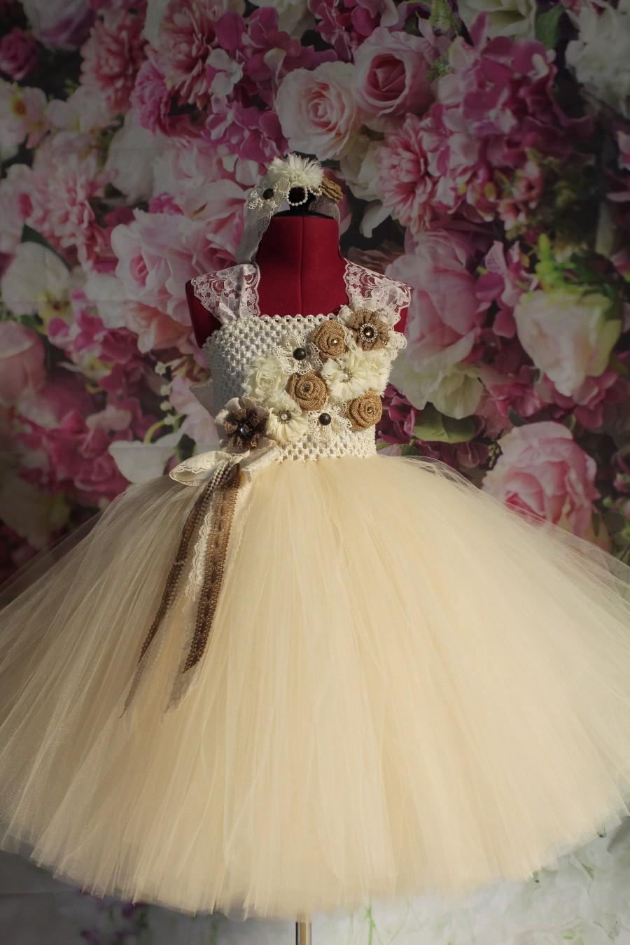 زفاف - Country Flower Girl Dress,Rustic Flower Girl Dress,Vintage Inspired Girls Dress, Infant Lace Tulle Dress, Toddler Ivory Lace Dress