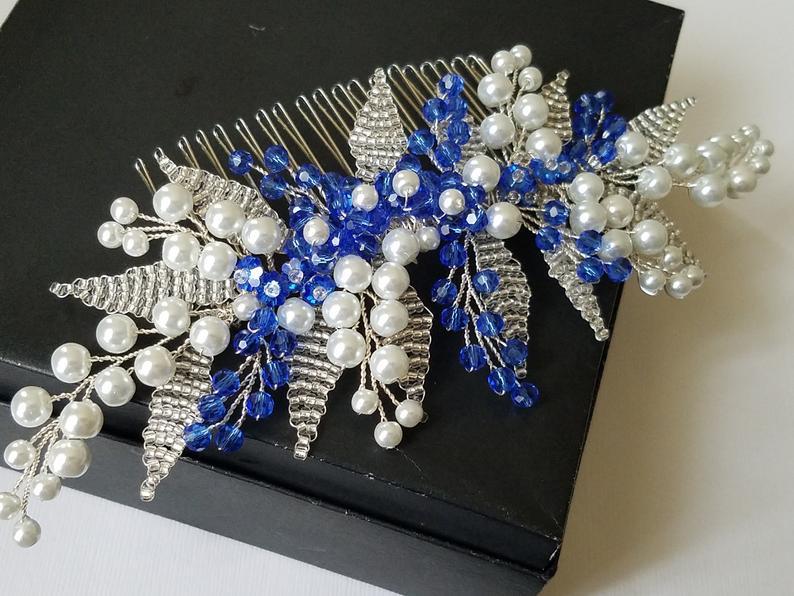زفاف - Bridal Hair Comb, White Pearl Sapphire Hair Piece, Wedding Headpiece, Floral white Blue Hair Piece, Bridal Hair Jewelry Sapphire Silver Comb